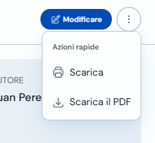 Menu azioni rapide con Stampa e Scarica PDF
