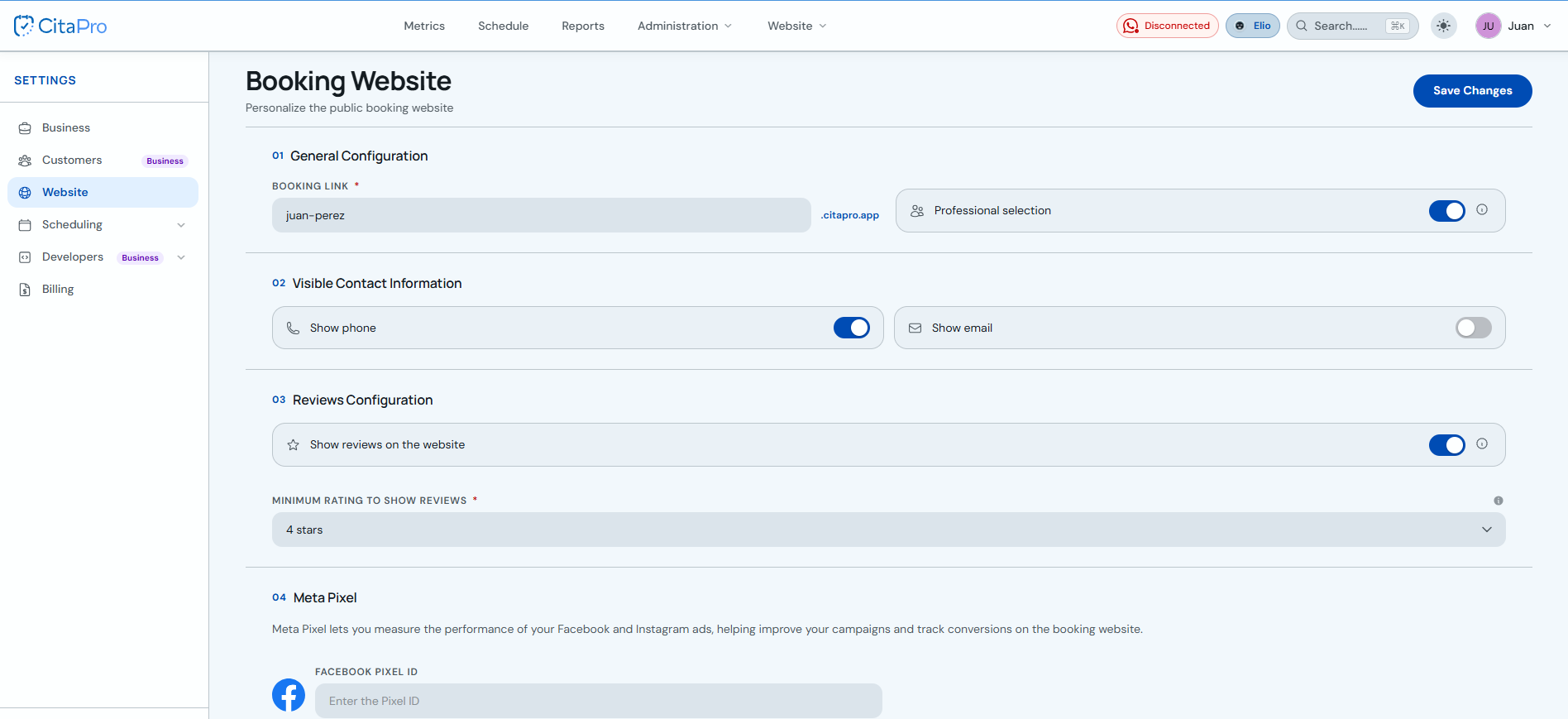Booking Website screen with general settings, contact, reviews and Meta Pixel