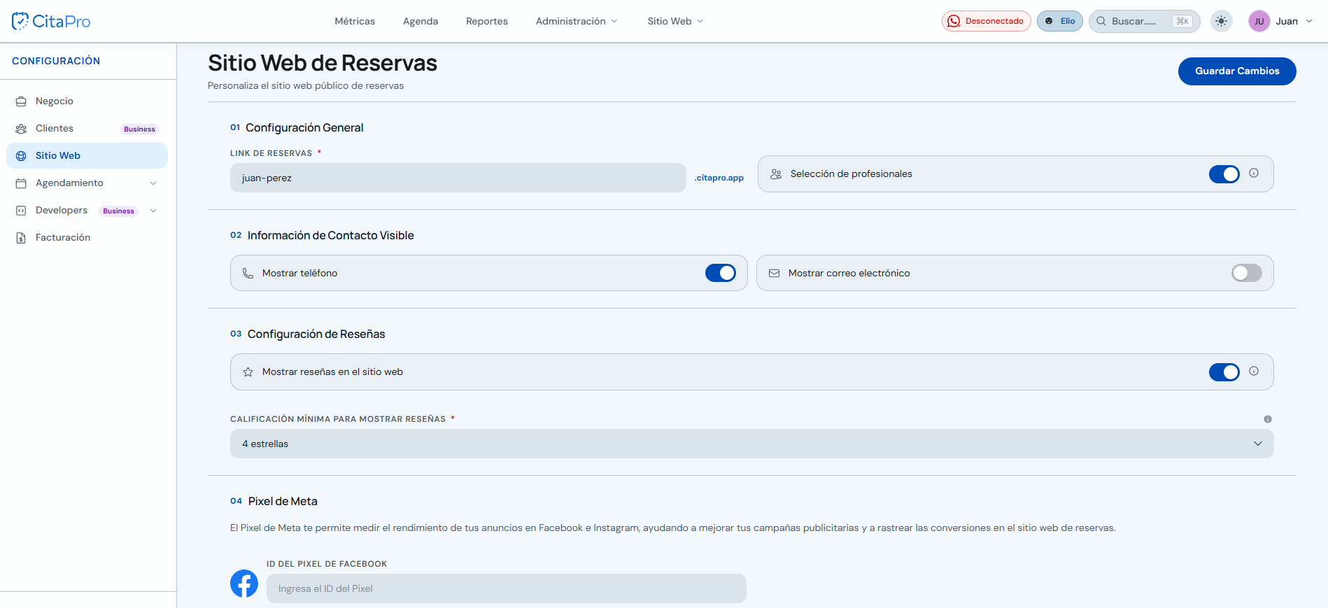 Pantalla Sitio Web de Reservas con configuración general, contacto, reseñas y Meta Pixel