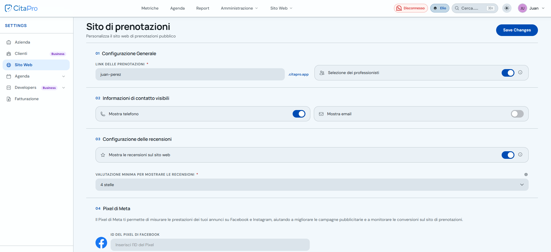 Schermata Sito web prenotazioni con impostazioni generali, contatti, recensioni e Meta Pixel