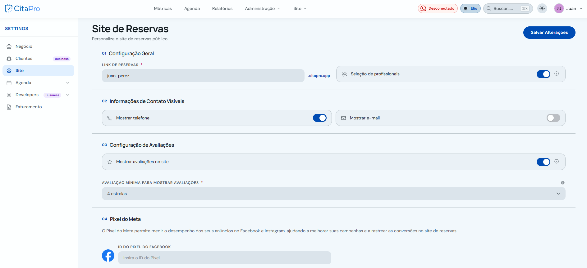 Tela Site de Reservas com configuração geral, contato, avaliações e Meta Pixel