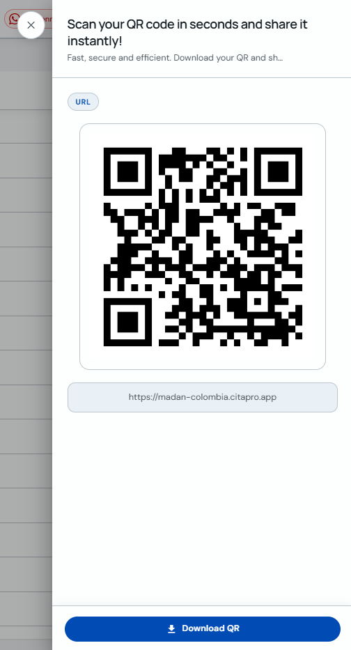 QR code modal with site link and Download QR button