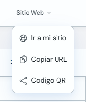 Menú Sitio Web con Ir a mi sitio, Copiar URL y Código QR