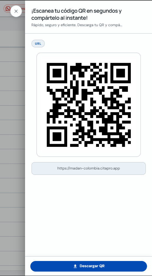 Modal de código QR con enlace del sitio y botón Descargar QR