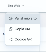 Menu Sito web con Vai al mio sito, Copia URL e Codice QR