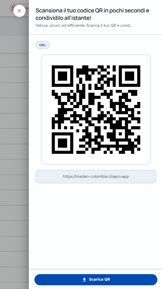 Modale codice QR con link del sito e pulsante Scarica QR