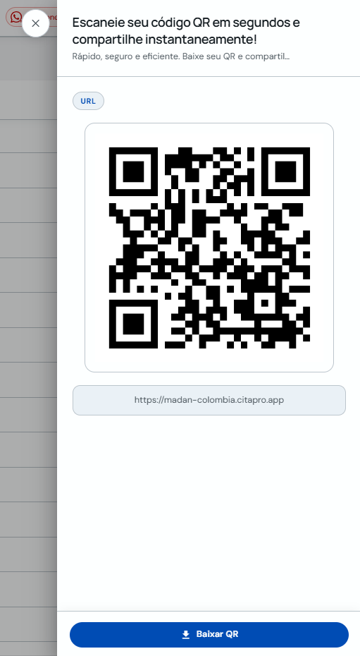 Modal de código QR com link do site e botão Baixar QR